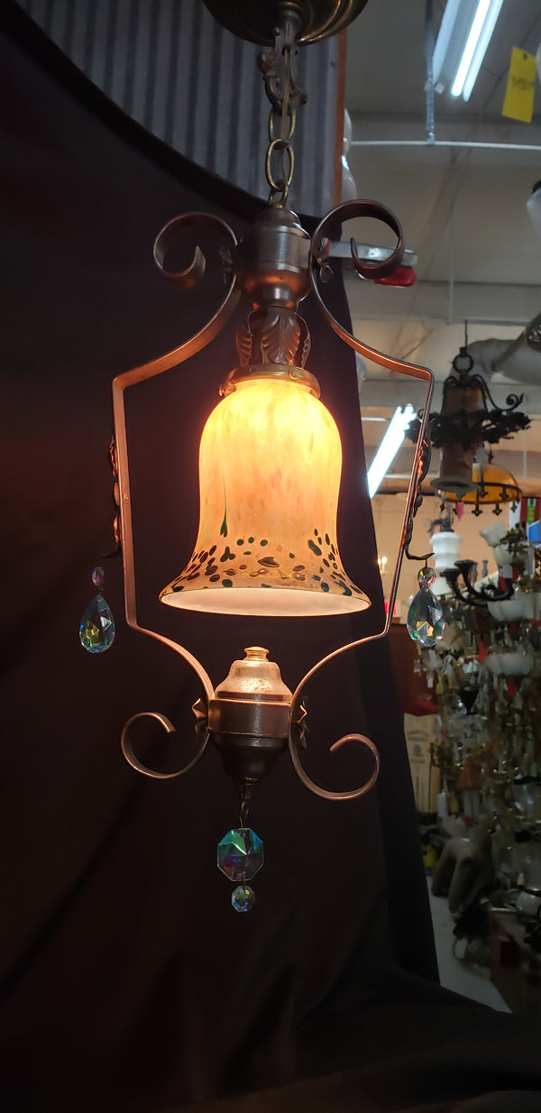 Ornate Brass & Iron Pendant Light Fixture with Art Glass Shade 24" x 9" GS00190