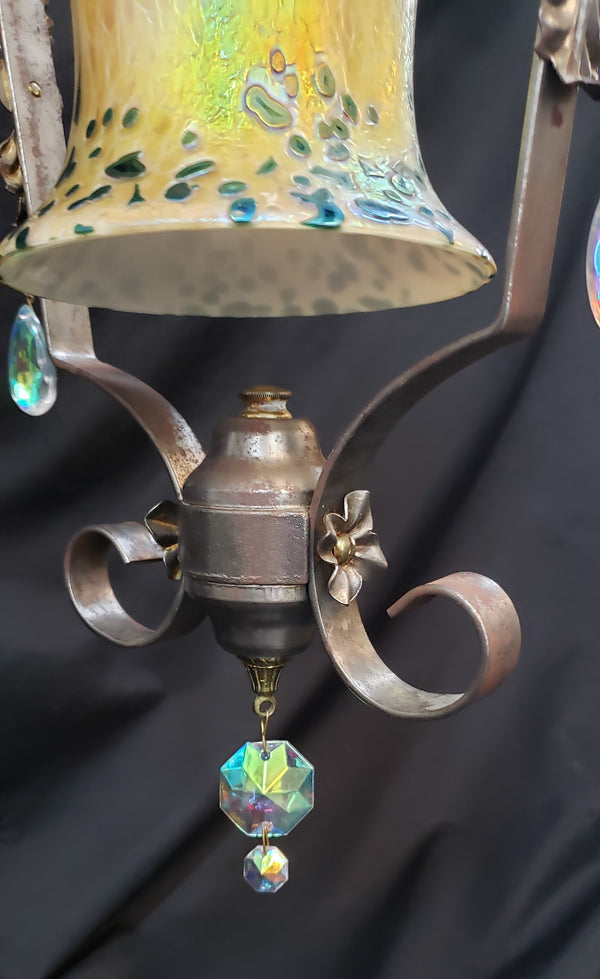 Ornate Brass & Iron Pendant Light Fixture with Art Glass Shade 24" x 9" GS00190