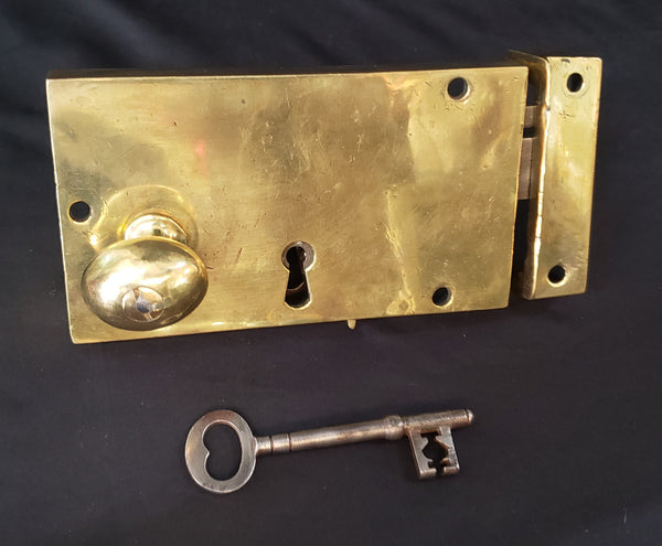 1700's Solid Brass Double Throw Rim Lock Set w/ Key  6 7/8" x 3 3/4" GS00192