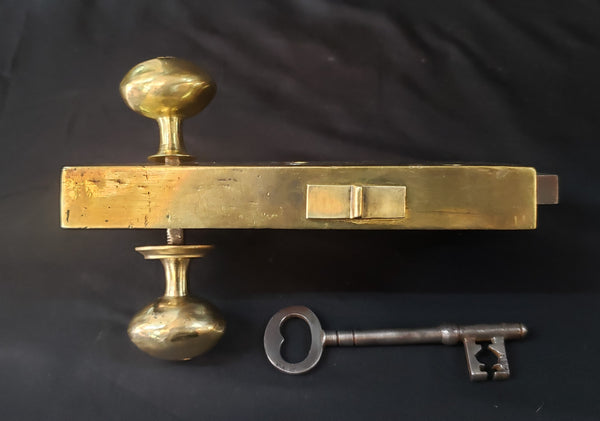 1700's Solid Brass Double Throw Rim Lock Set w/ Key  6 7/8" x 3 3/4" GS00192