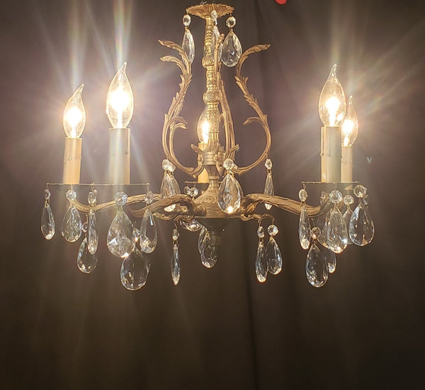 5 Light Ornate Brass Crystal Prism Chandelier From Spain  19" x 15" GS00201