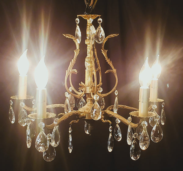 5 Light Ornate Brass Crystal Prism Chandelier From Spain  19" x 15" GS00201