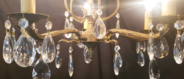 5 Light Ornate Brass Crystal Prism Chandelier From Spain  19" x 15" GS00201