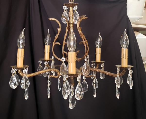 5 Light Ornate Brass Crystal Prism Chandelier From Spain  19" x 15" GS00201