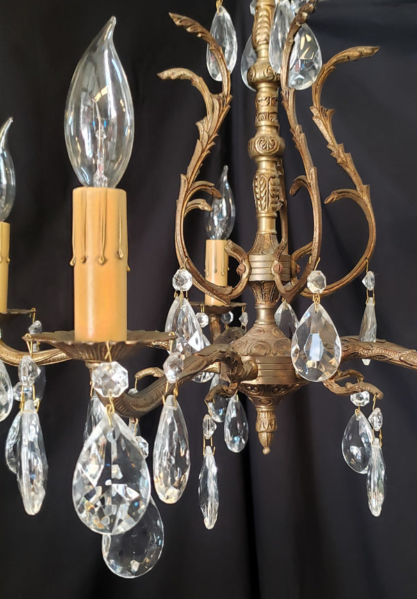 5 Light Ornate Brass Crystal Prism Chandelier From Spain  19" x 15" GS00201