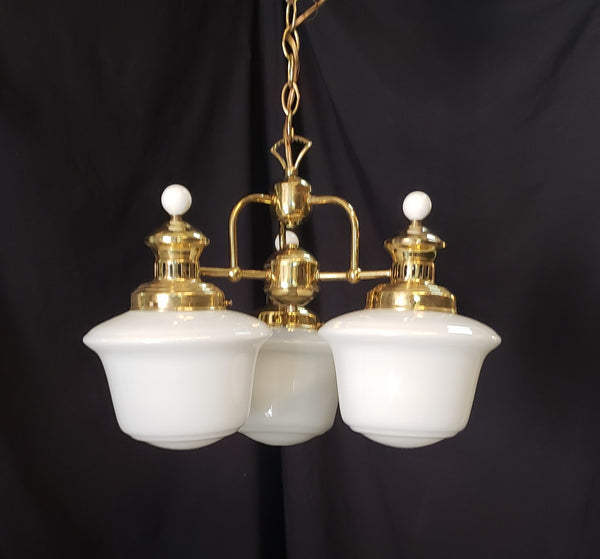 Triple White School House Chandelier with Ornate Fitter Top 17" x 16" GS00202