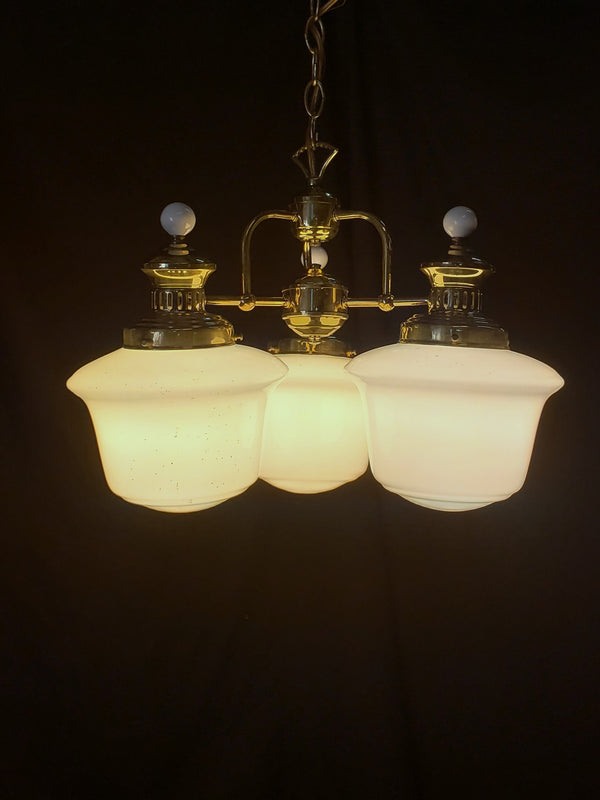 Triple White School House Chandelier with Ornate Fitter Top 17" x 16" GS00202