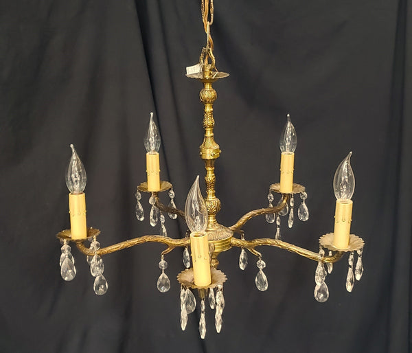 Restored 5 Light Brass & Crystal Chandelier From Spain 20" x 15"  GS00203