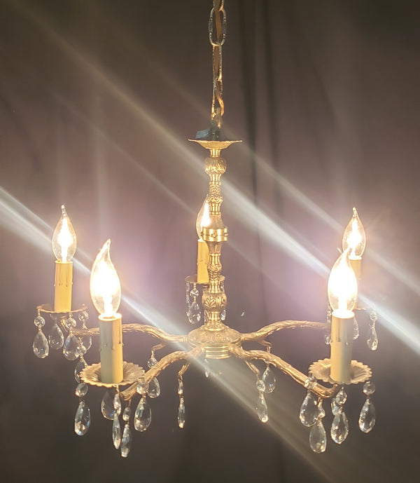 Restored 5 Light Brass & Crystal Chandelier From Spain 20" x 15"  GS00203