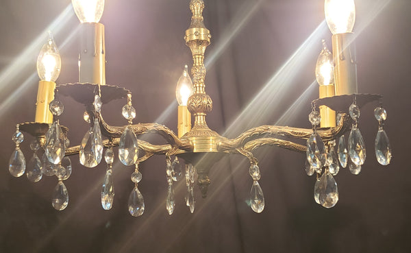 Restored 5 Light Brass & Crystal Chandelier From Spain 20" x 15"  GS00203