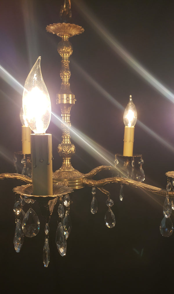 Restored 5 Light Brass & Crystal Chandelier From Spain 20" x 15"  GS00203