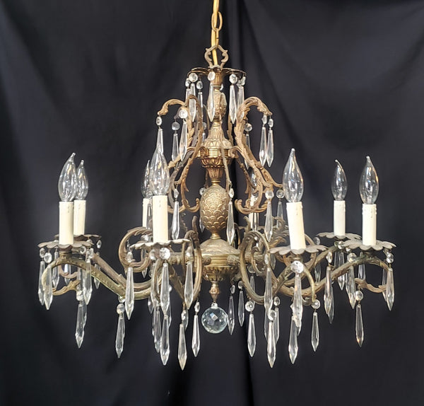 Ornate 8 Light Brass & Crystal Prism Chandelier 27" Tall x 24" Round GS00208