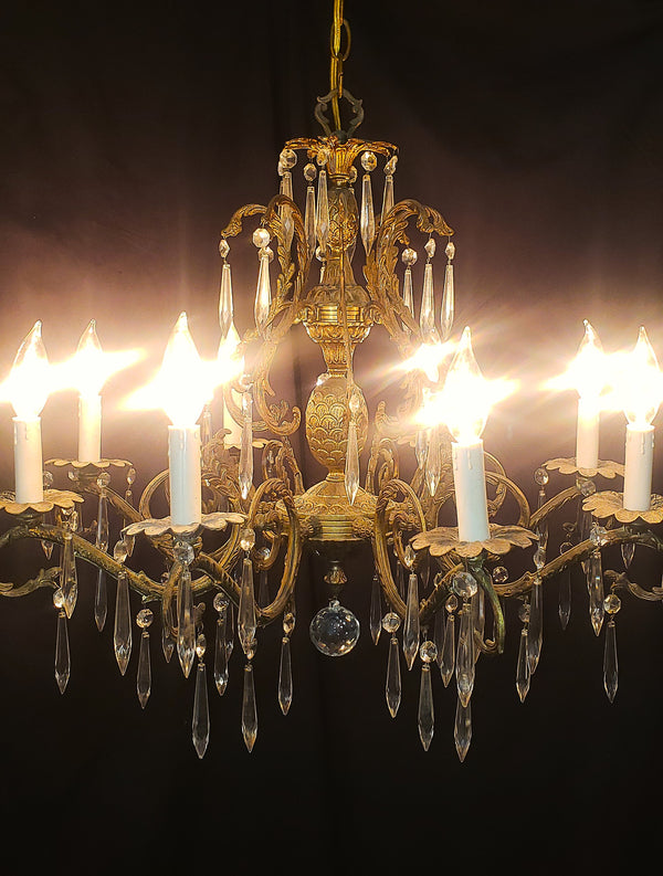 Ornate 8 Light Brass & Crystal Prism Chandelier 27" Tall x 24" Round GS00208