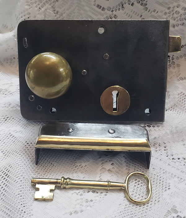 Restored Rim Lock Set with Key & Keeper  6 1/8" x  4 1/4" GS00217