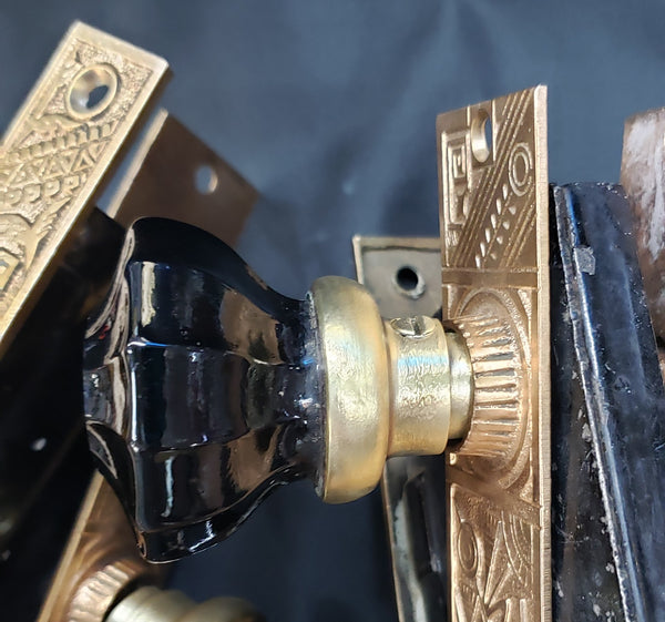 Restored Pair of Eastlake Mortice Lock Sets in Red Brass w/ 12 Point Black Glass Knobs GS00226