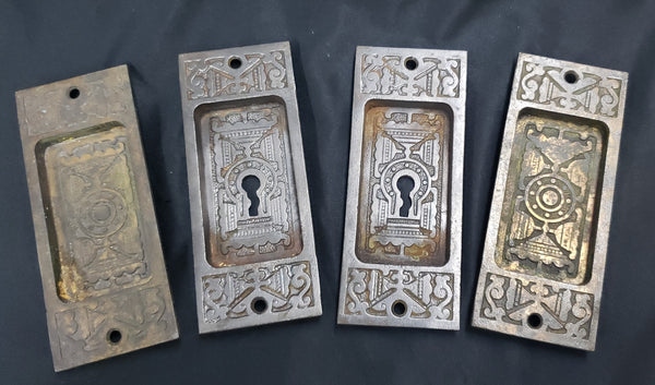 Set of 4 Victorian Cast Iron Pocket Door Escutcheon Plates 5" x 2" GS00230