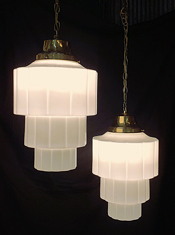 Huge Pair of 3 Tiered White Cake Glass Pendant Light Fixtures GS00259