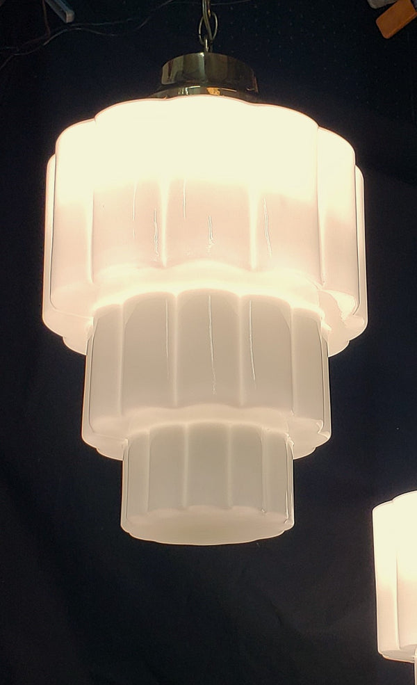 Huge Pair of 3 Tiered White Cake Glass Pendant Light Fixtures GS00259