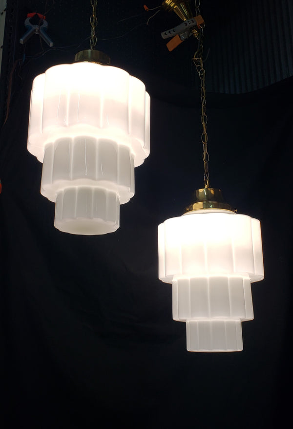 Huge Pair of 3 Tiered White Cake Glass Pendant Light Fixtures GS00259