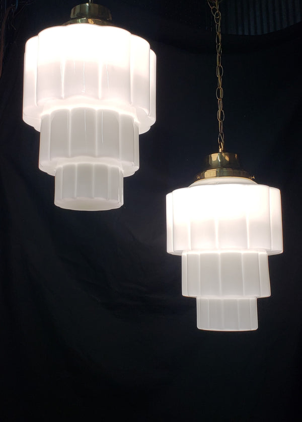 Huge Pair of 3 Tiered White Cake Glass Pendant Light Fixtures GS00259