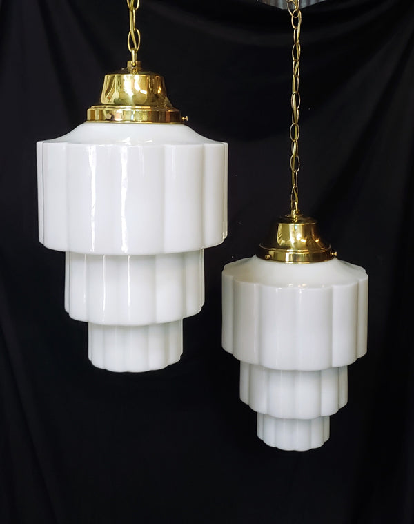 Huge Pair of 3 Tiered White Cake Glass Pendant Light Fixtures GS00259