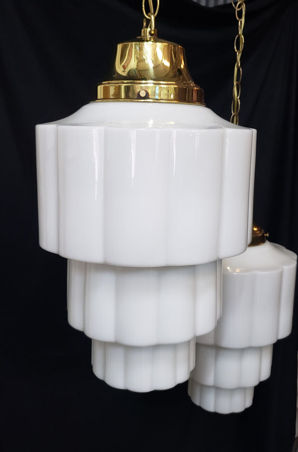 Huge Pair of 3 Tiered White Cake Glass Pendant Light Fixtures GS00259