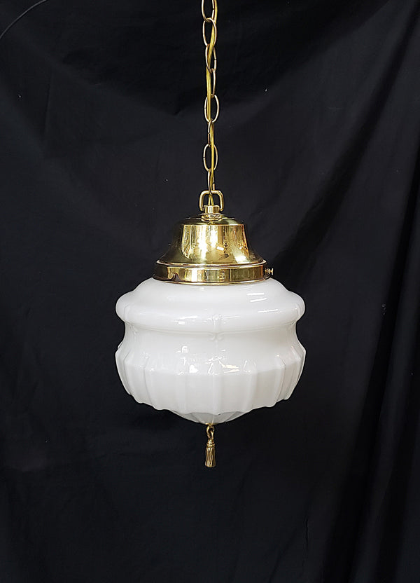 Art Deco White Opaque Pendant Light Fixture with Brass Trim  GA4347