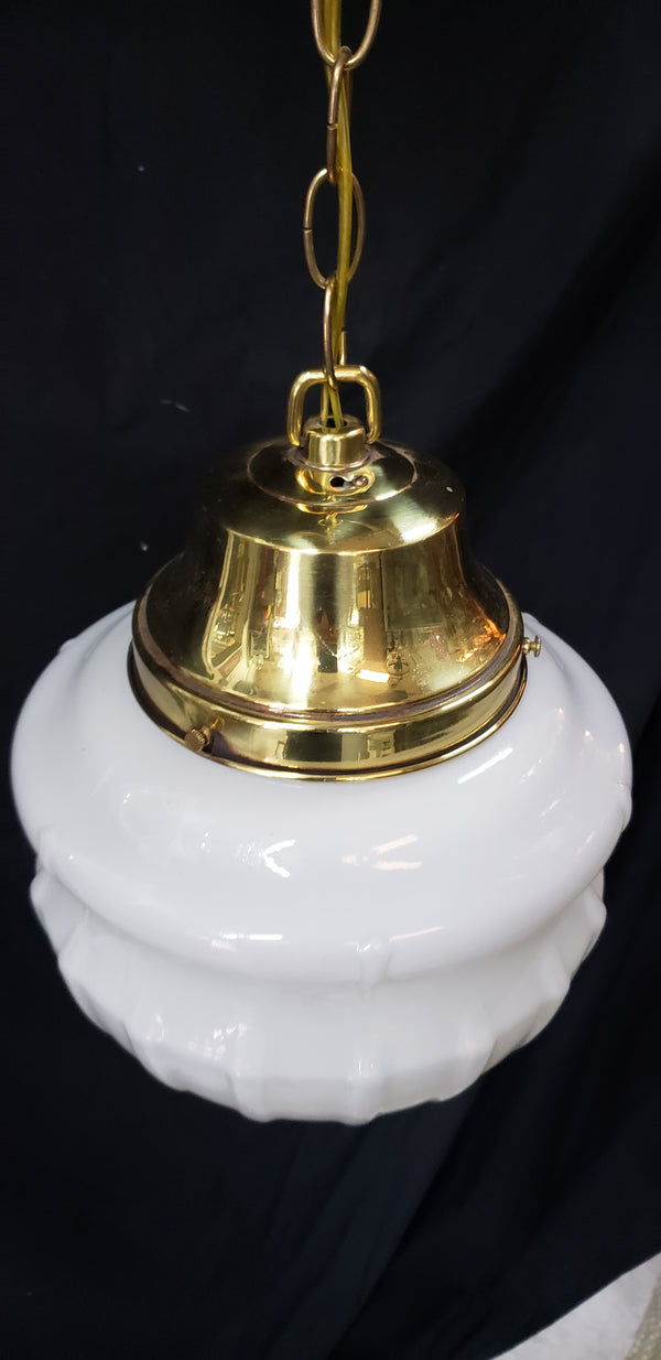 Art Deco White Opaque Pendant Light Fixture with Brass Trim  GA4347