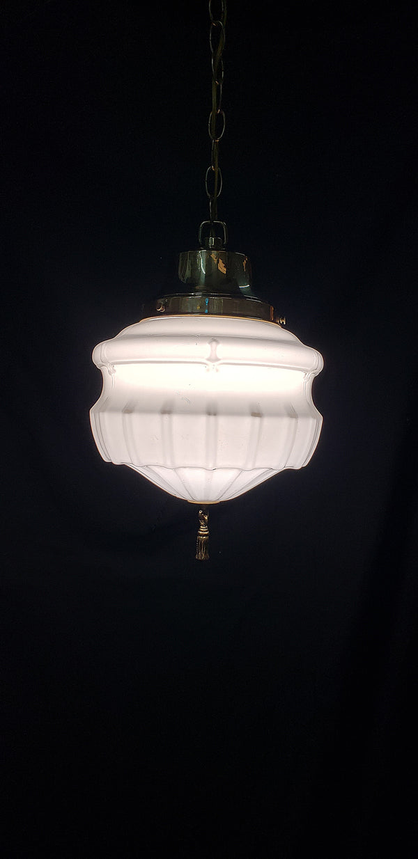 Art Deco White Opaque Pendant Light Fixture with Brass Trim  GA4347