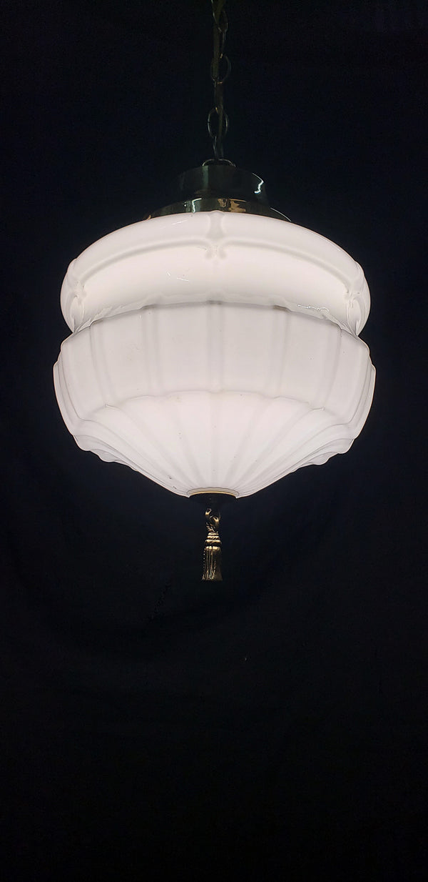 Art Deco White Opaque Pendant Light Fixture with Brass Trim  GA4347