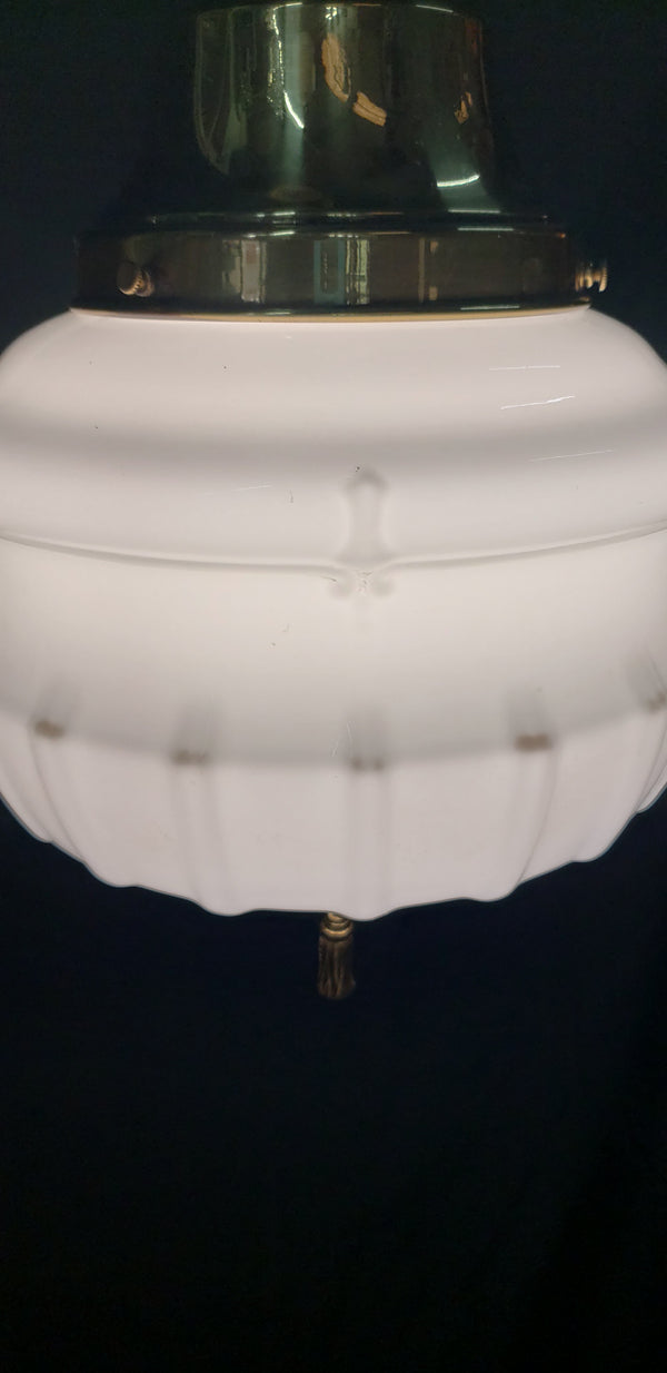 Art Deco White Opaque Pendant Light Fixture with Brass Trim  GA4347