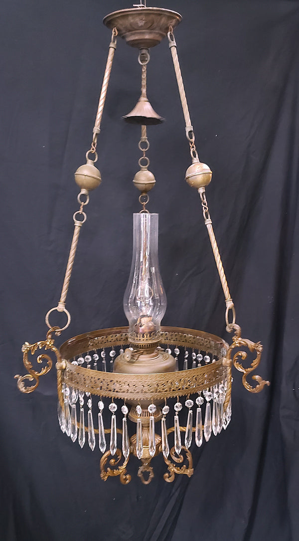 Victorian Hanging Oil Lamp w/ Crystal Prisms & Ornate Brass Frame GS00274