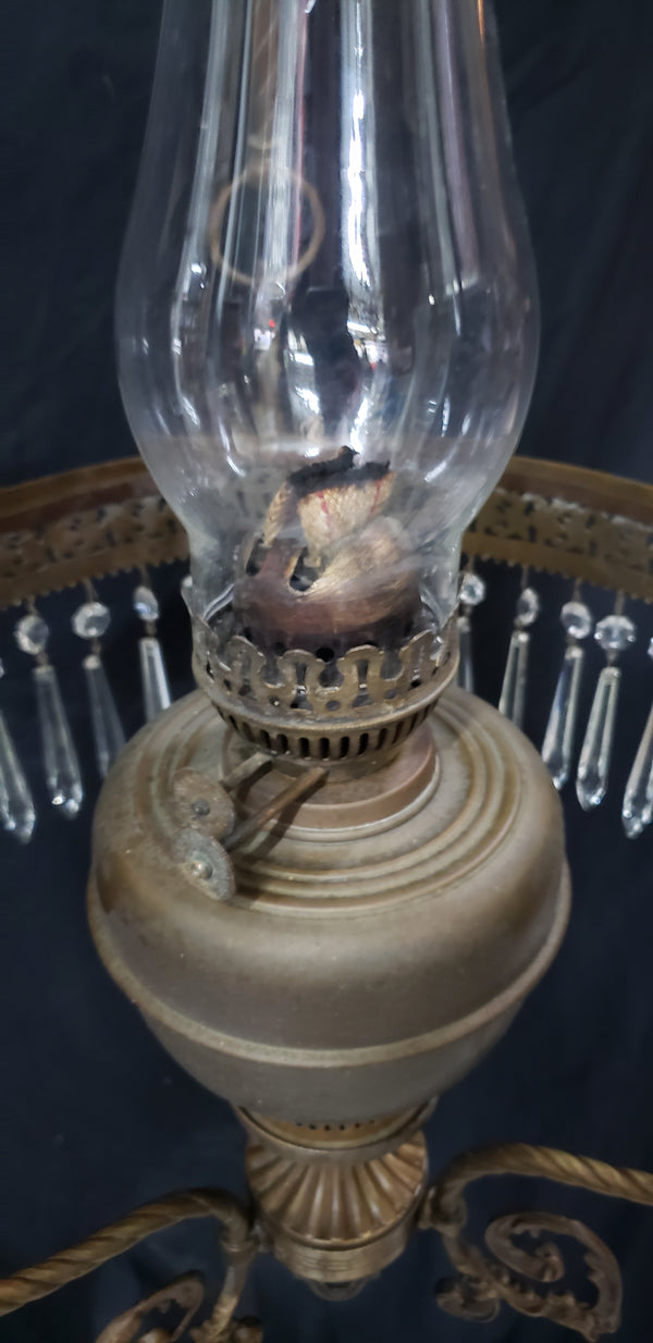 Victorian Hanging Oil Lamp w/ Crystal Prisms & Ornate Brass Frame GS00274