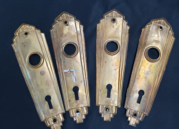 Set of 4 Brass Art Deco Door Knob Backplates with Key Holes 6" x 1 3/4" GS00284