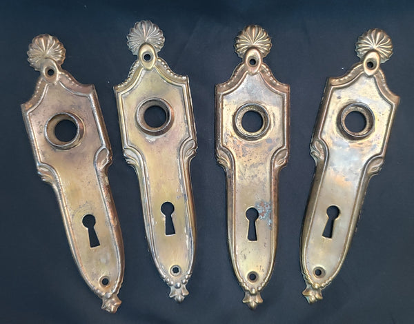 4 Brass Art Nouveau Door Knob Backplates w/ Key Holes 6 3/4" x 1 3/4" GS00285