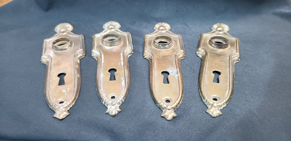 4 Brass Art Nouveau Door Knob Backplates w/ Key Holes 6 3/4" x 1 3/4" GS00285