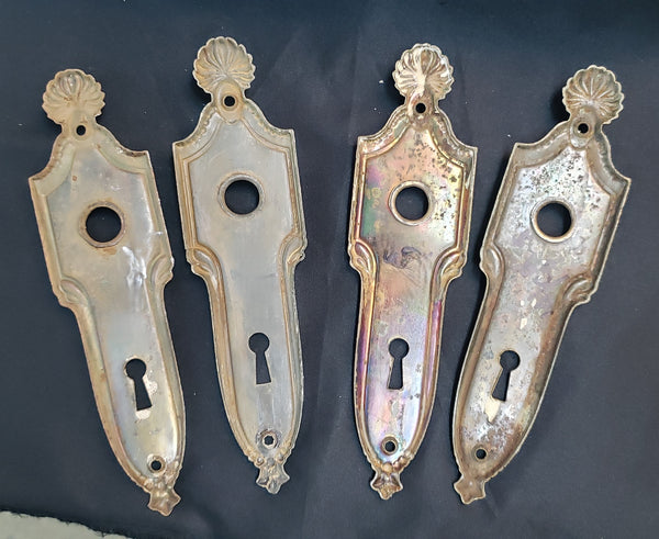 4 Brass Art Nouveau Door Knob Backplates w/ Key Holes 6 3/4" x 1 3/4" GS00285