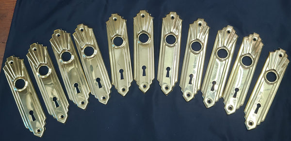 11 Restored Brass Art Deco Door Knob Backplates w/ Key Holes 6" x 1 3/8" GS00289