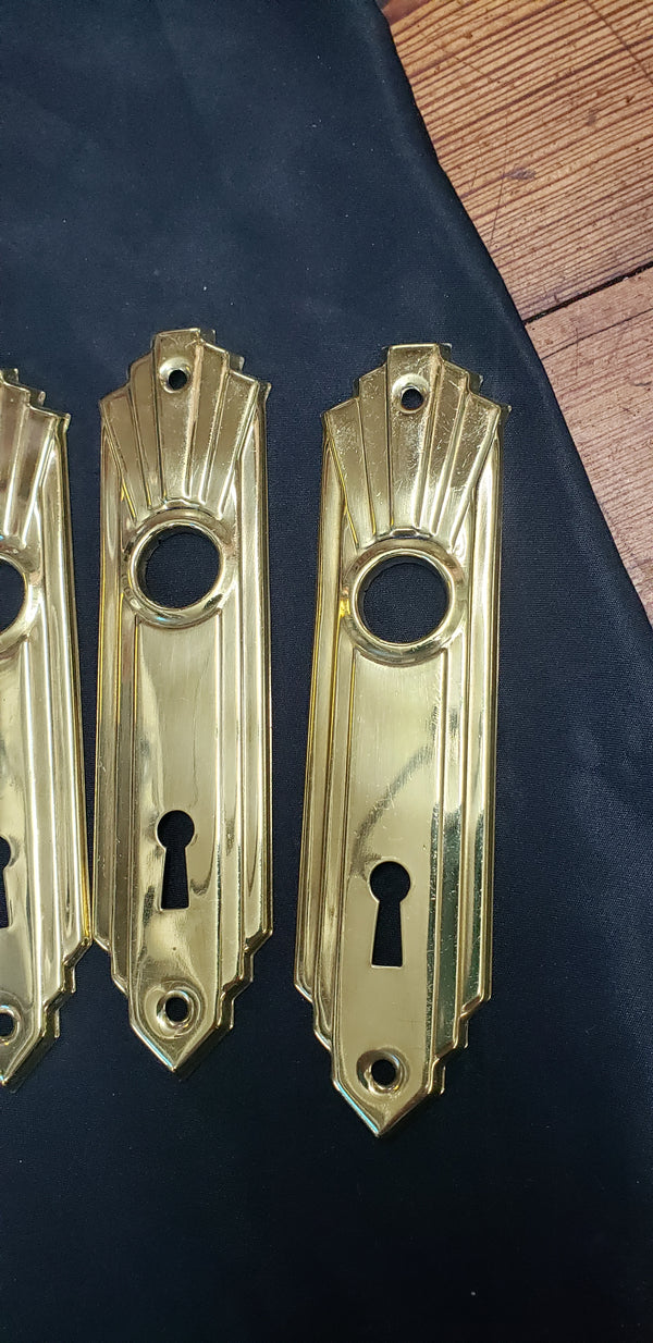 11 Restored Brass Art Deco Door Knob Backplates w/ Key Holes 6" x 1 3/8" GS00289