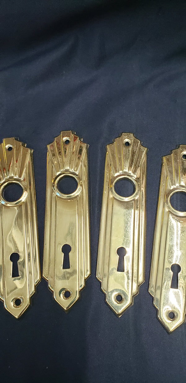 11 Restored Brass Art Deco Door Knob Backplates w/ Key Holes 6" x 1 3/8" GS00289