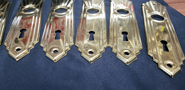 11 Restored Brass Art Deco Door Knob Backplates w/ Key Holes 6" x 1 3/8" GS00289