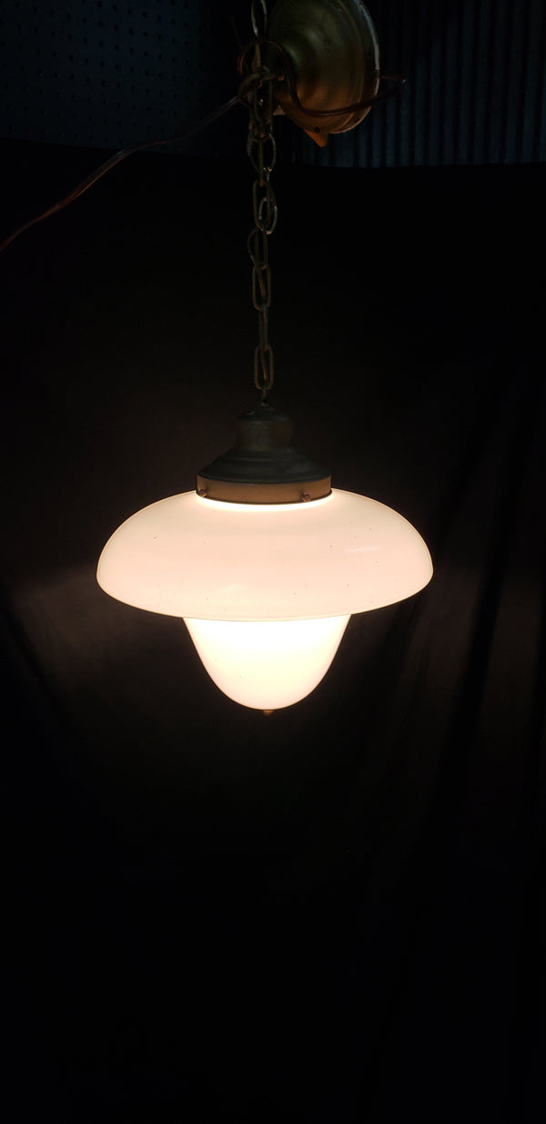 Vintage Schoolhouse White to Clear Pendant Light with Brass Trim  GS00292