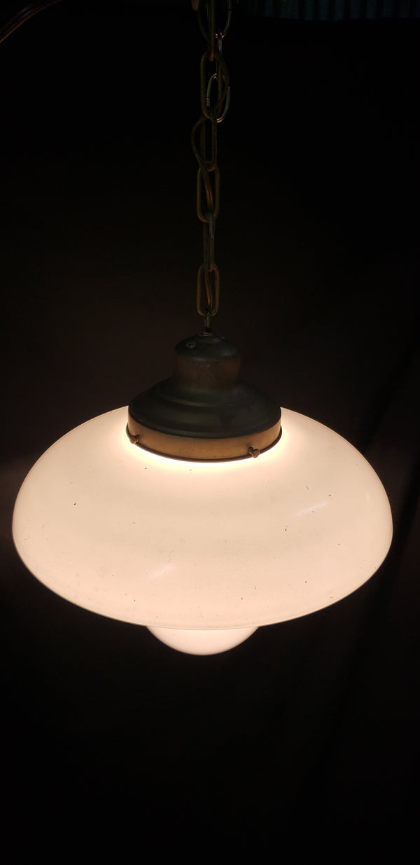 Vintage Schoolhouse White to Clear Pendant Light with Brass Trim  GS00292