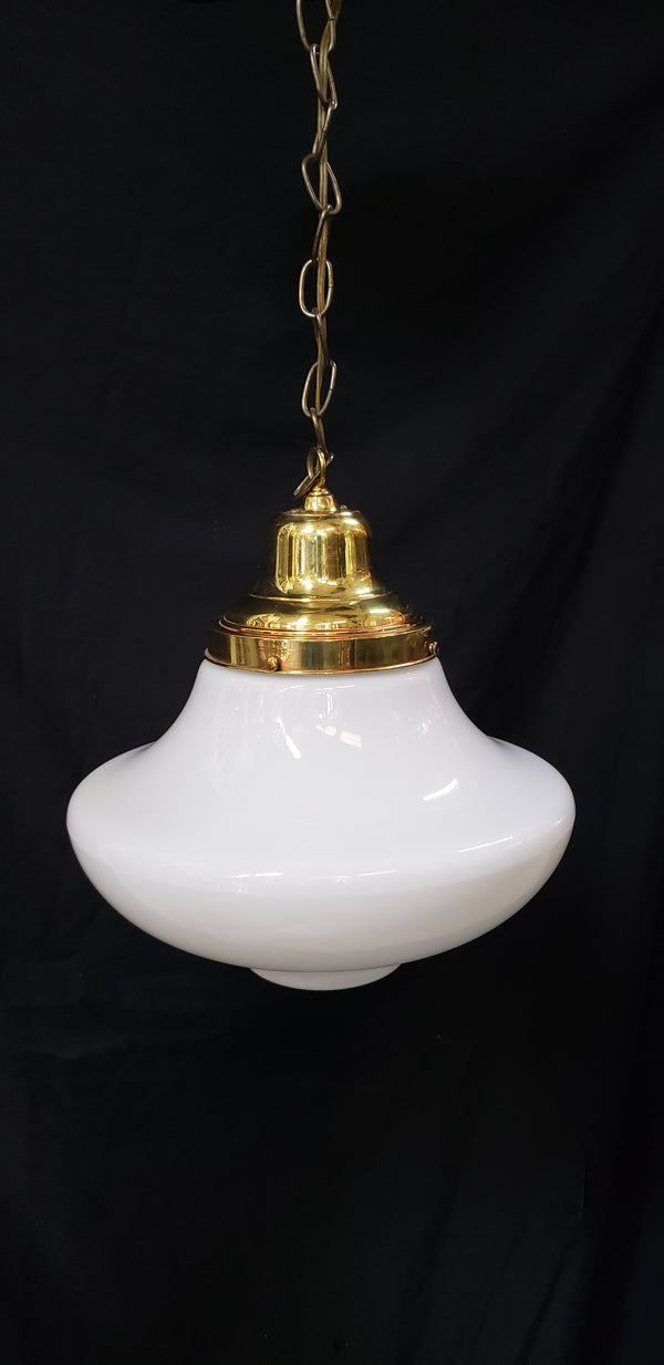 Vintage Schoolhouse Milk White Mushroom Pendant Light with Brass Trim GS00293