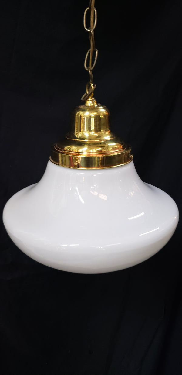 Vintage Schoolhouse Milk White Mushroom Pendant Light with Brass Trim GS00293