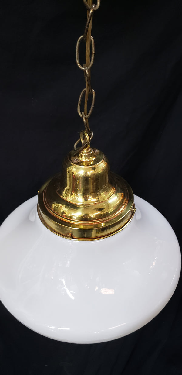 Vintage Schoolhouse Milk White Mushroom Pendant Light with Brass Trim GS00293