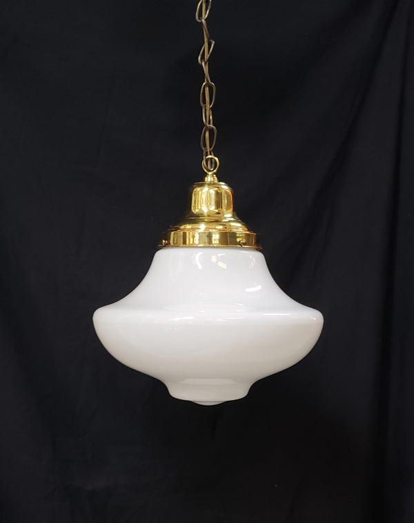 Vintage Schoolhouse Milk White Mushroom Pendant Light with Brass Trim GS00293