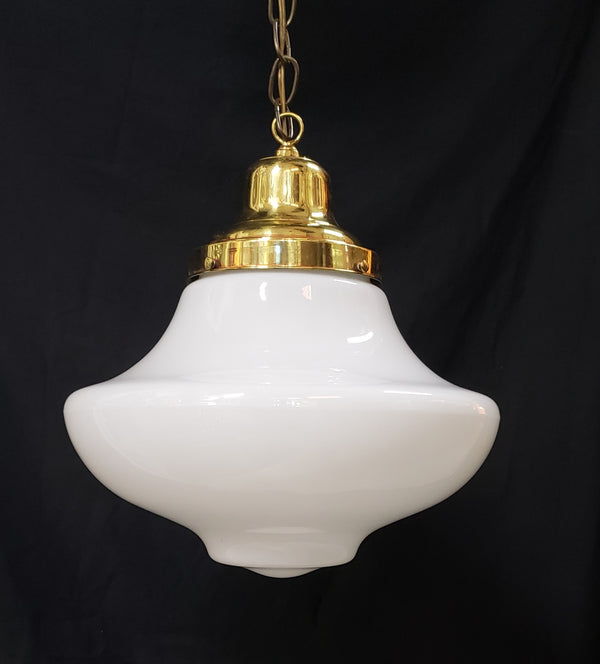 Vintage Schoolhouse Milk White Mushroom Pendant Light with Brass Trim GS00293