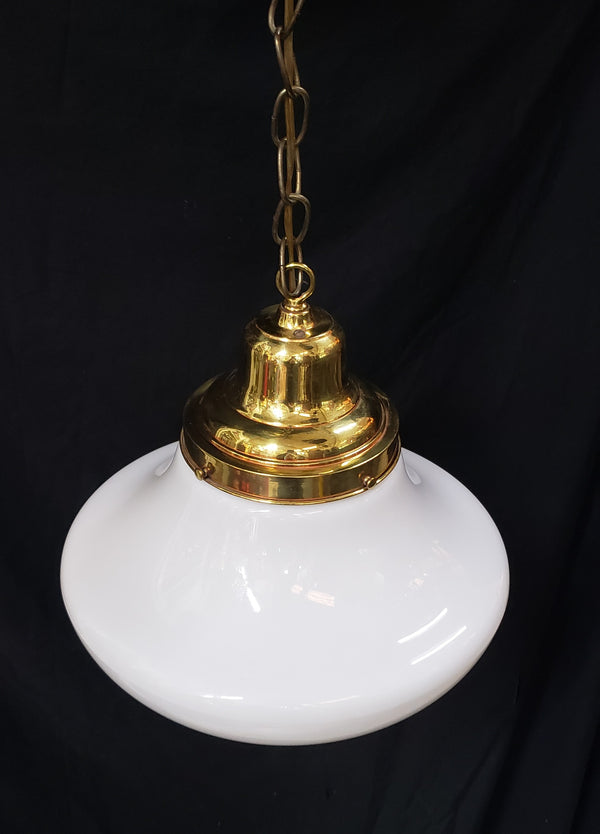 Vintage Schoolhouse Milk White Mushroom Pendant Light with Brass Trim GS00293