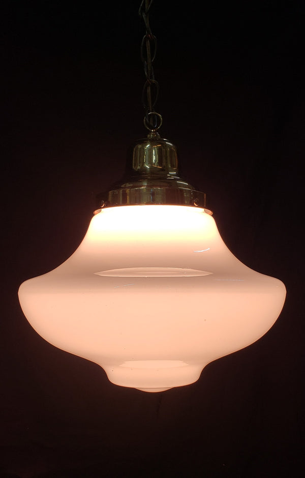 Vintage Schoolhouse Milk White Mushroom Pendant Light with Brass Trim GS00293